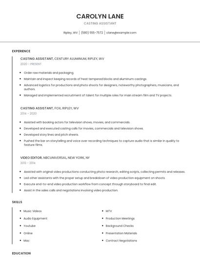 Casting Assistant Resume