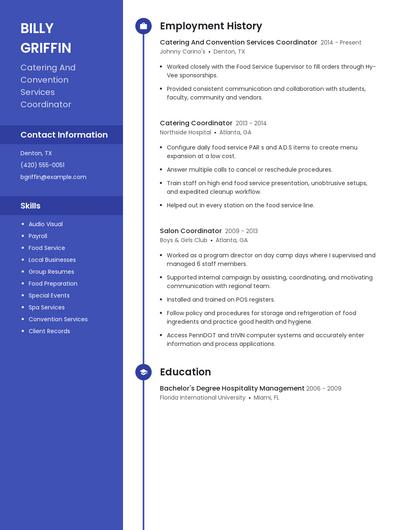 Catering And Convention Services Coordinator Resume