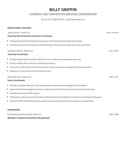 Catering And Convention Services Coordinator Resume