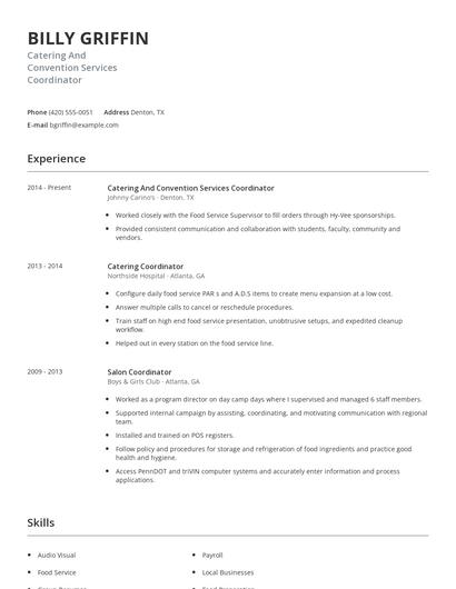 Catering And Convention Services Coordinator Resume