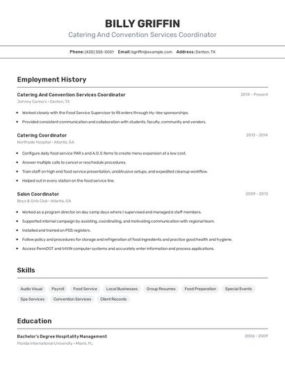 Catering And Convention Services Coordinator Resume