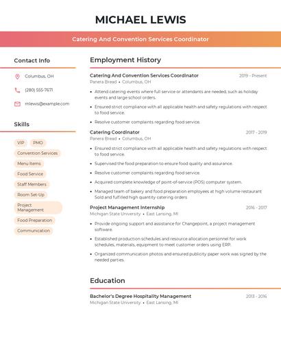 Catering And Convention Services Coordinator Resume