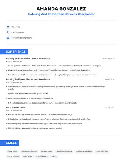 Catering And Convention Services Coordinator Resume