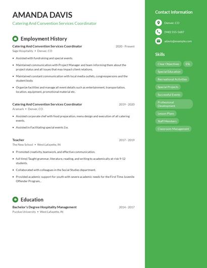 Catering And Convention Services Coordinator Resume