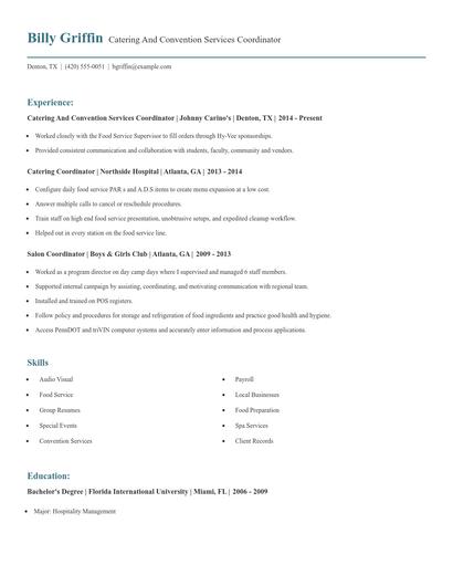 Catering And Convention Services Coordinator Resume