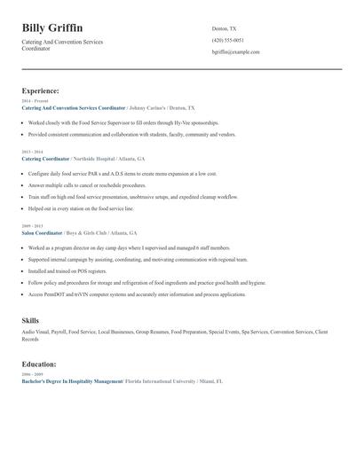 Catering And Convention Services Coordinator Resume
