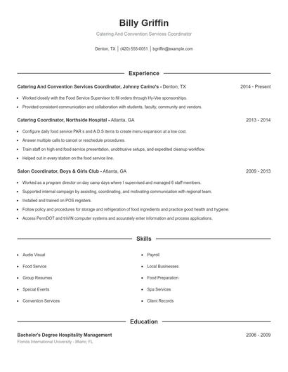 Catering And Convention Services Coordinator Resume