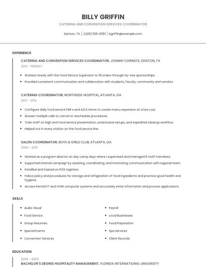Catering And Convention Services Coordinator Resume