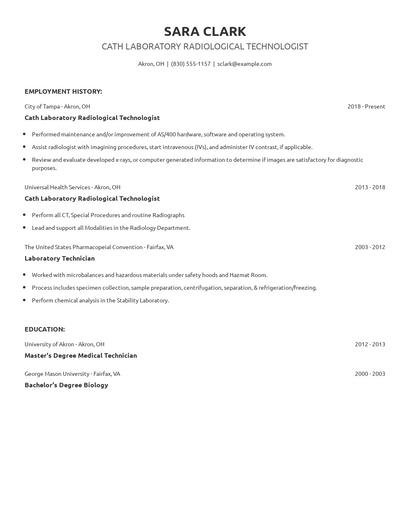 Cath Laboratory Radiological Technologist Resume