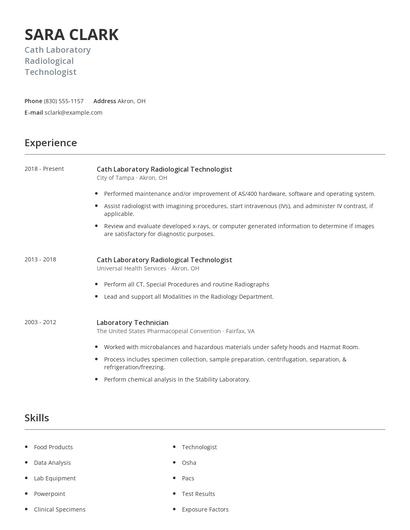 Cath Laboratory Radiological Technologist Resume