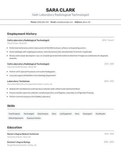 Cath Laboratory Radiological Technologist Resume