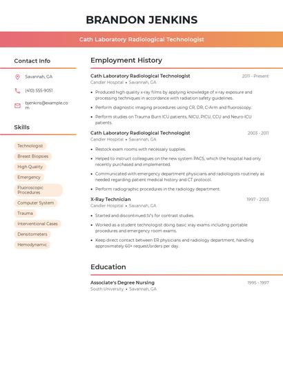 Cath Laboratory Radiological Technologist Resume