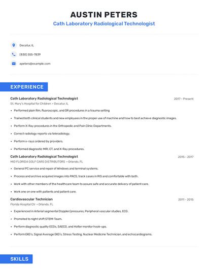 Cath Laboratory Radiological Technologist Resume