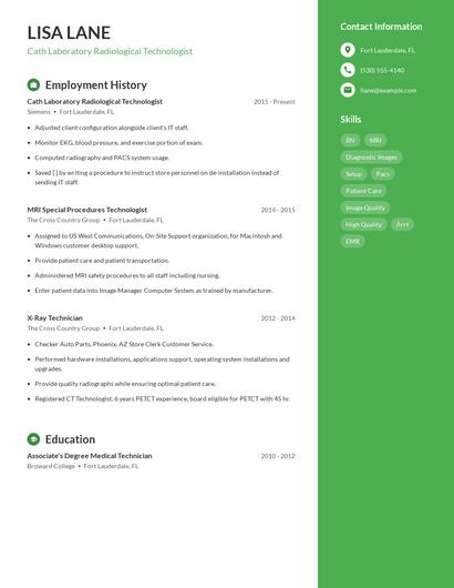 Cath Laboratory Radiological Technologist Resume
