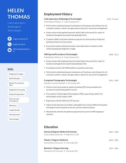 Cath Laboratory Radiological Technologist Resume