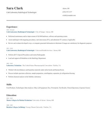 Cath Laboratory Radiological Technologist Resume