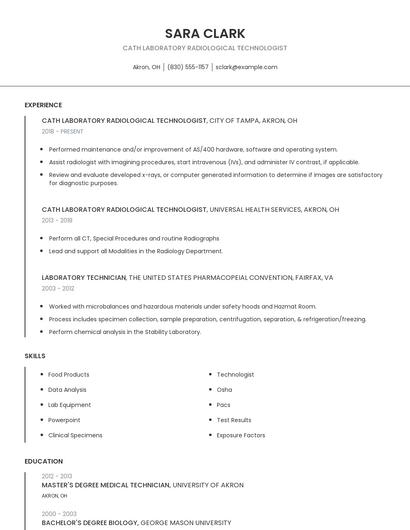 Cath Laboratory Radiological Technologist Resume