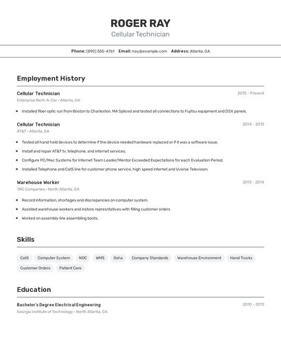 Cellular Technician Resume