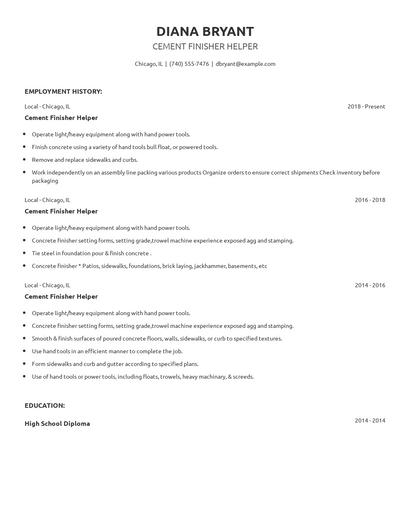 Cement Finisher Helper Resume