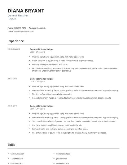 Cement Finisher Helper Resume