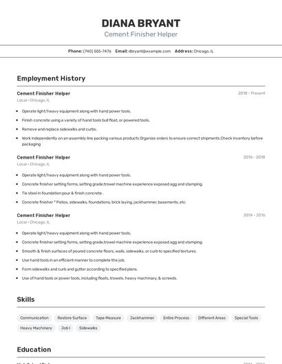 Cement Finisher Helper Resume
