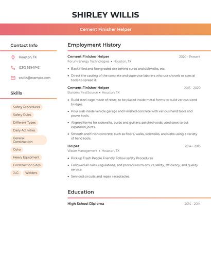 Cement Finisher Helper Resume