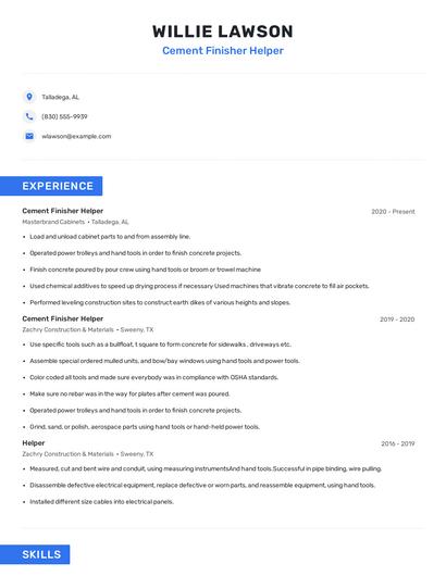 Cement Finisher Helper Resume