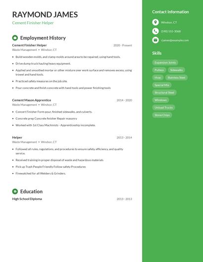 Cement Finisher Helper Resume