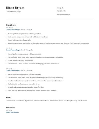 Cement Finisher Helper Resume