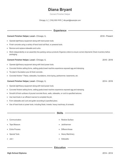 Cement Finisher Helper Resume