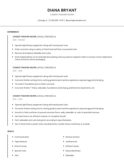 Cement Finisher Helper Resume