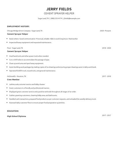 Cement Sprayer Helper Resume