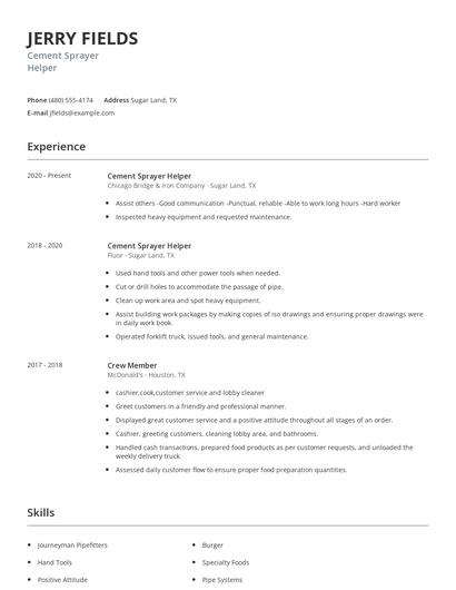 Cement Sprayer Helper Resume