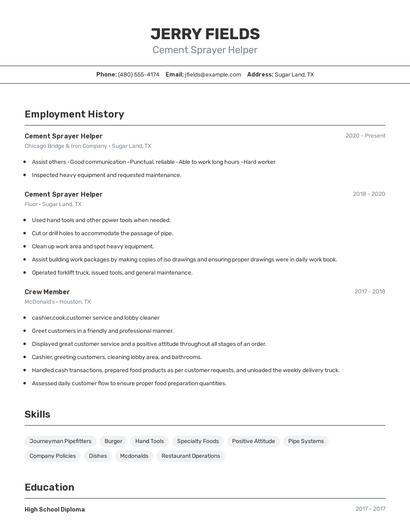 Cement Sprayer Helper Resume