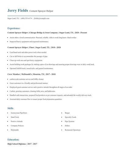 Cement Sprayer Helper Resume