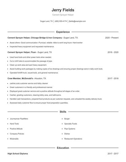 Cement Sprayer Helper Resume