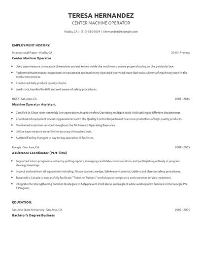 Center Machine Operator Resume