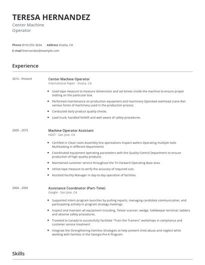 Center Machine Operator Resume