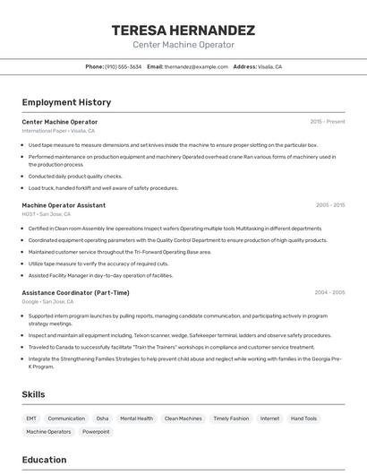 Center Machine Operator Resume