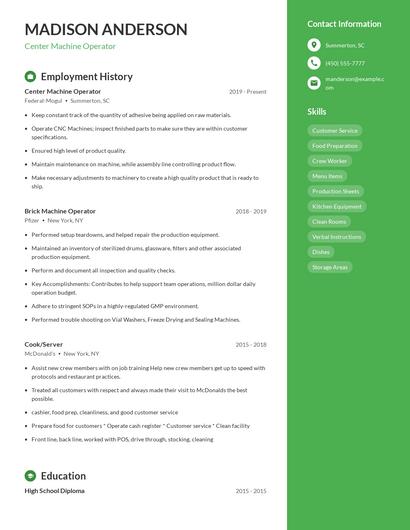 Center Machine Operator Resume
