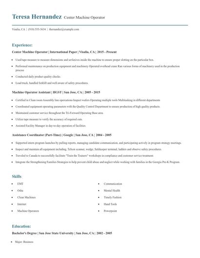 Center Machine Operator Resume