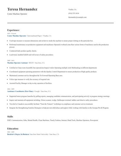 Center Machine Operator Resume