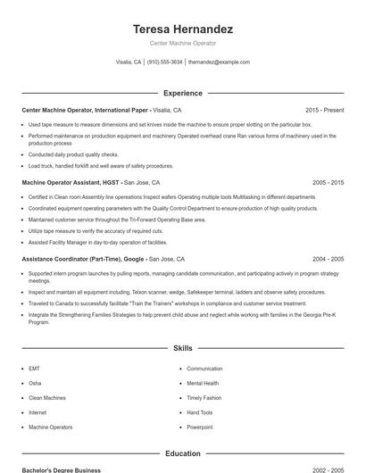Center Machine Operator Resume