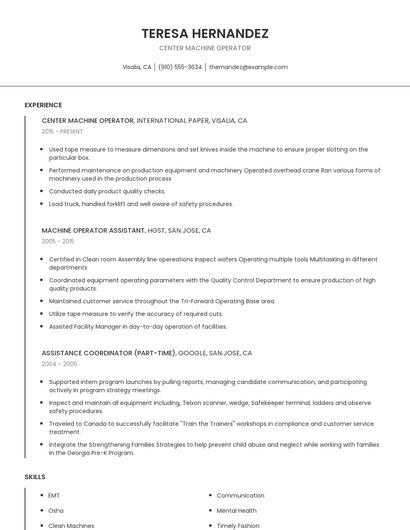 Center Machine Operator Resume