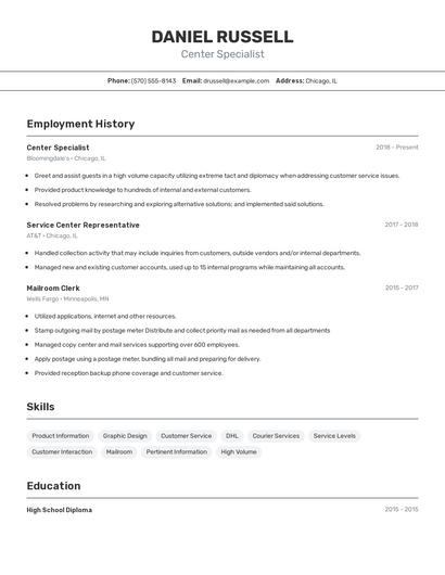 Center Specialist Resume
