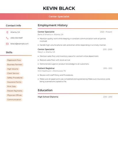 Center Specialist Resume