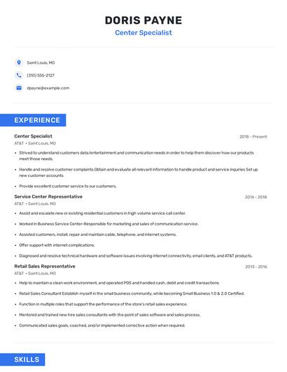 Center Specialist Resume