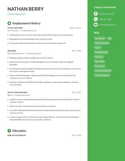 Center Specialist Resume