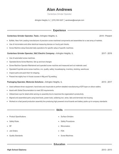 Centerless Grinder Operator Resume