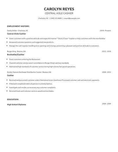 Central Aisle Cashier Resume